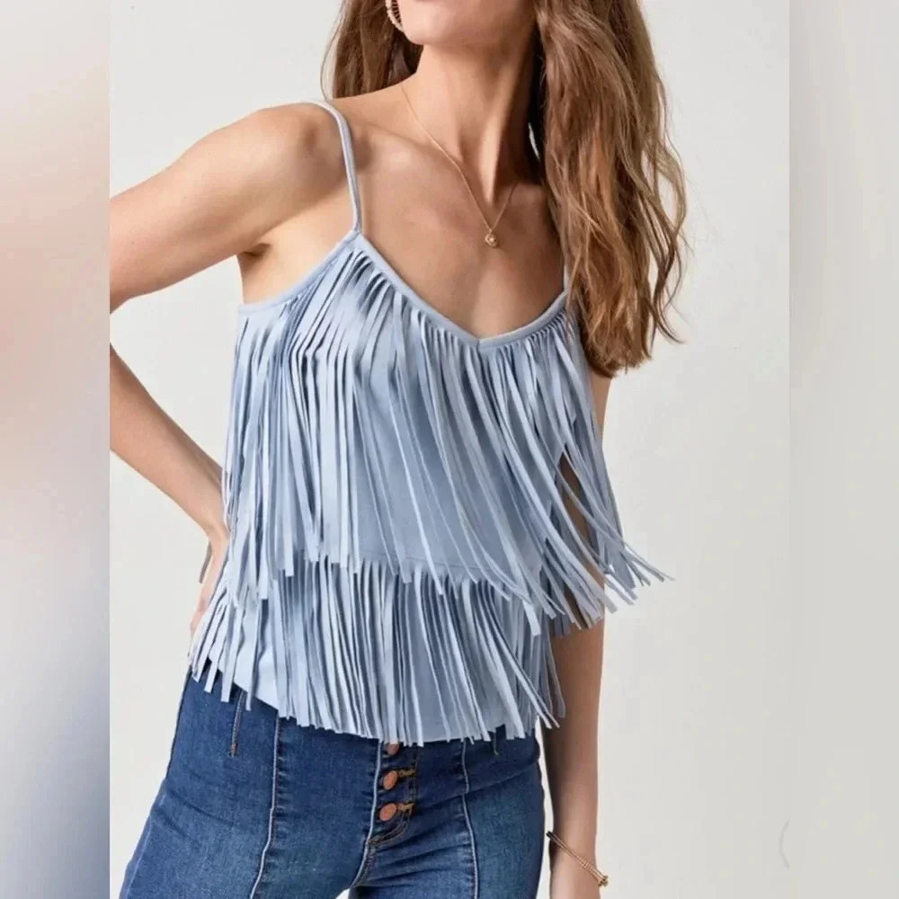 Francesca's Collection Shelley Fringe Tank Top Baby Blue